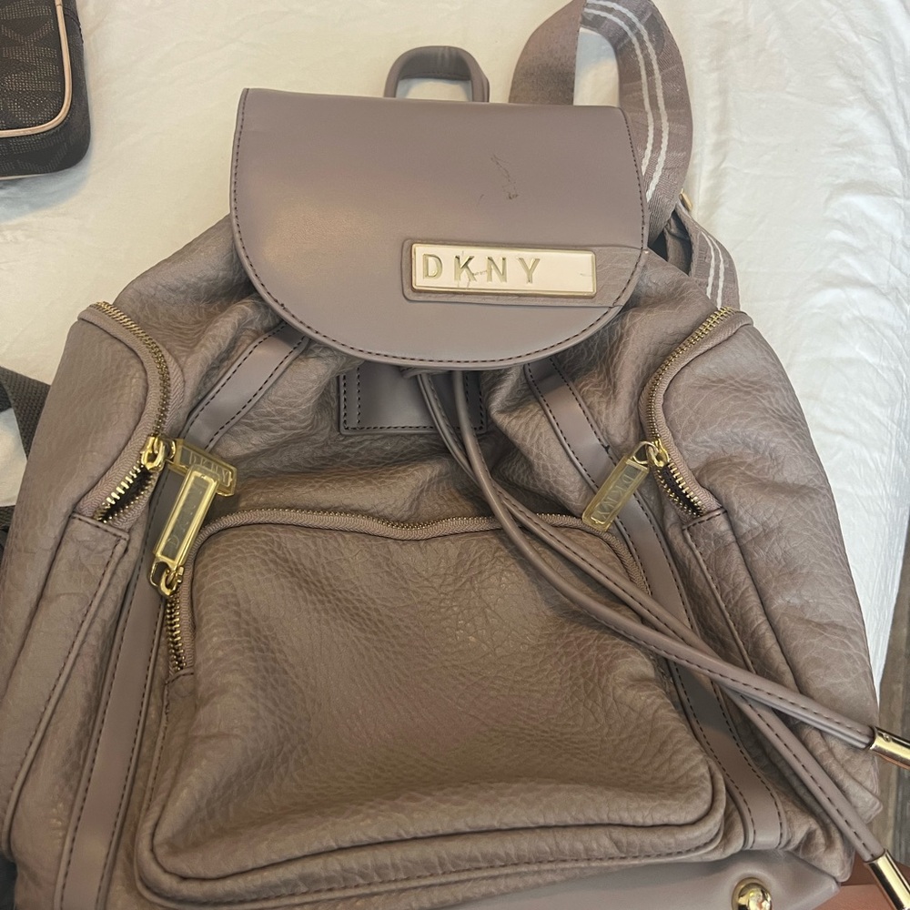 DKNY Gray Backpack with Gold Details